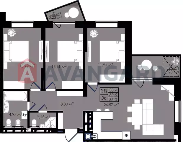 3 ����. ��������, 83,6/38,5/27 ��. �., 4/9 ���� ���� 2