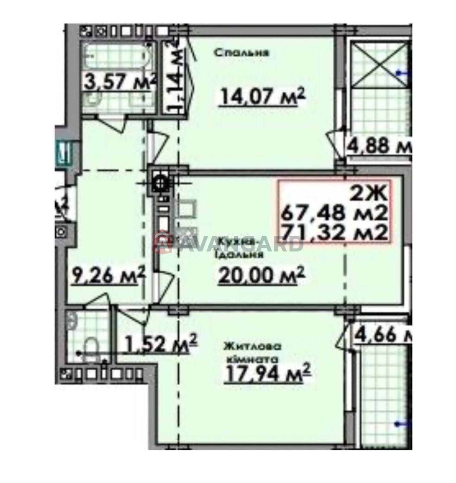 2 ��. ��������, 71,32/32/20 ��. �., 4/7 ������ ���� 1