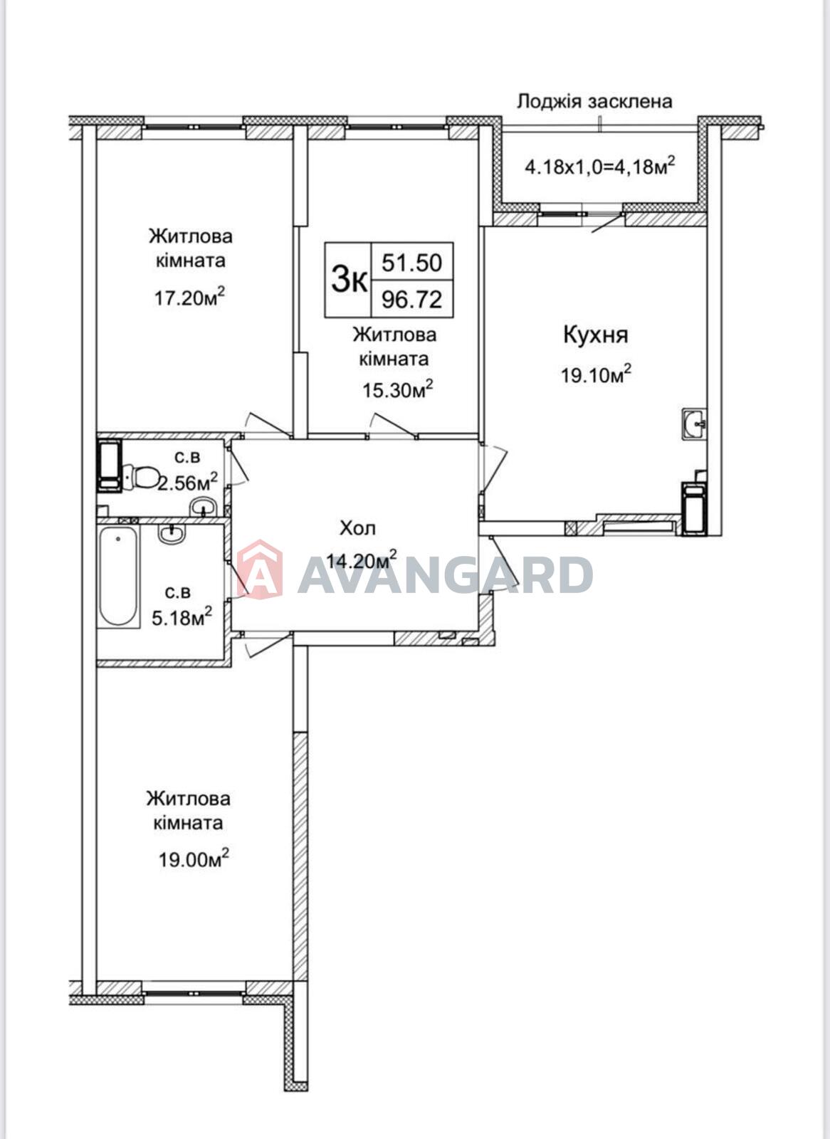 3 кім. квартира, 96.3 /51.5/19.1 кв. м., 8/12 поверх фото 7 3 кім. квартира, 96.3 /51.5/19.1 кв. м., 8/12 поверх фото 7