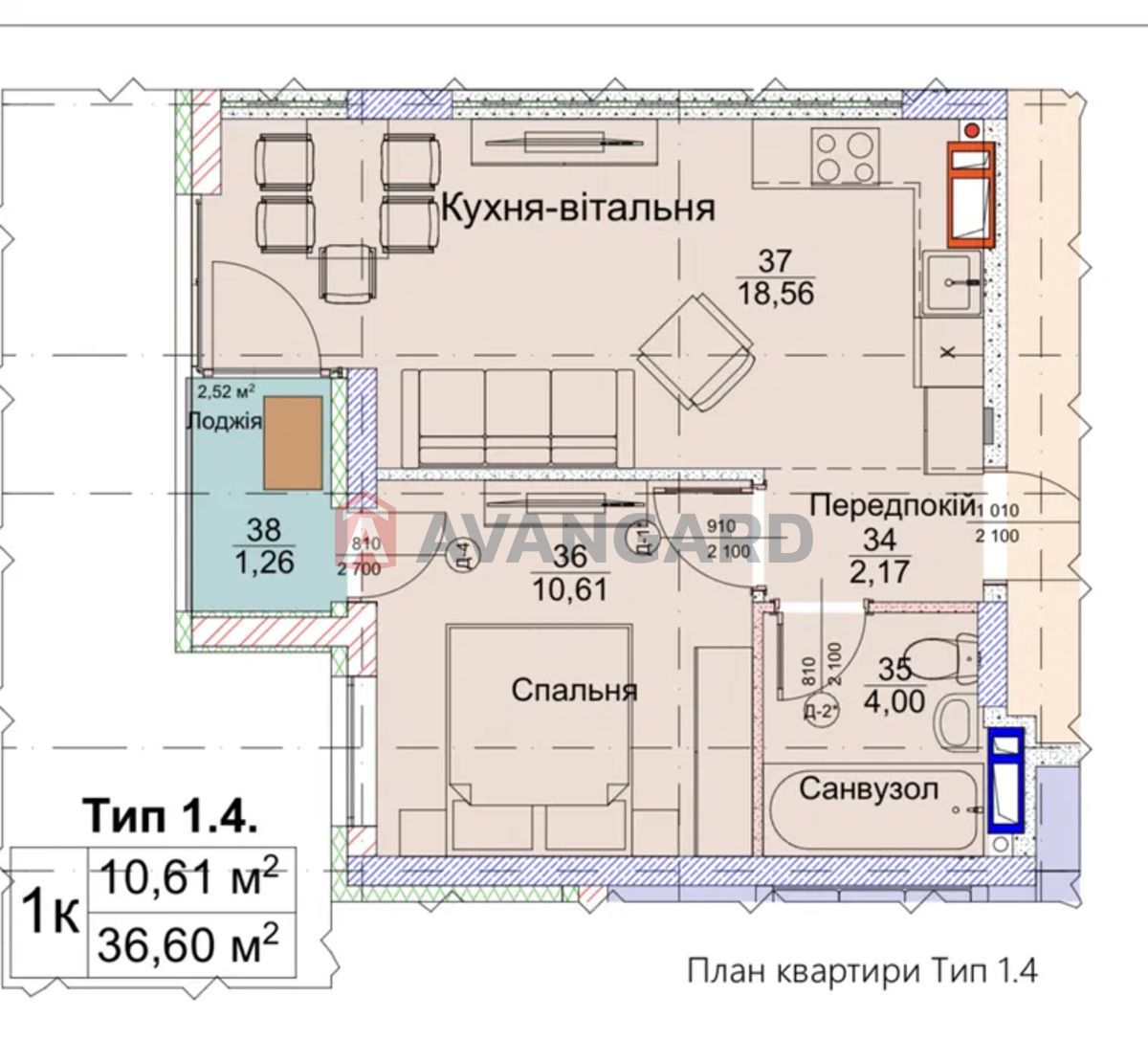 1 кім. квартира, 37/-/19 кв. м., 16/26 поверх фото 4 1 кім. квартира, 37/-/19 кв. м., 16/26 поверх фото 4