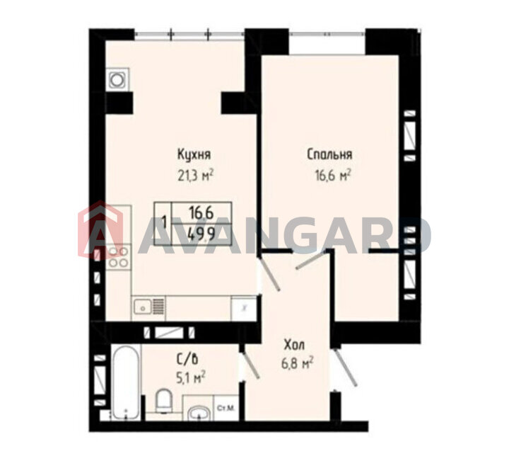 1 кім. квартира, 49/16/21 кв. м., 6/10 поверх фото 1 1 кім. квартира, 49/16/21 кв. м., 6/10 поверх фото 1