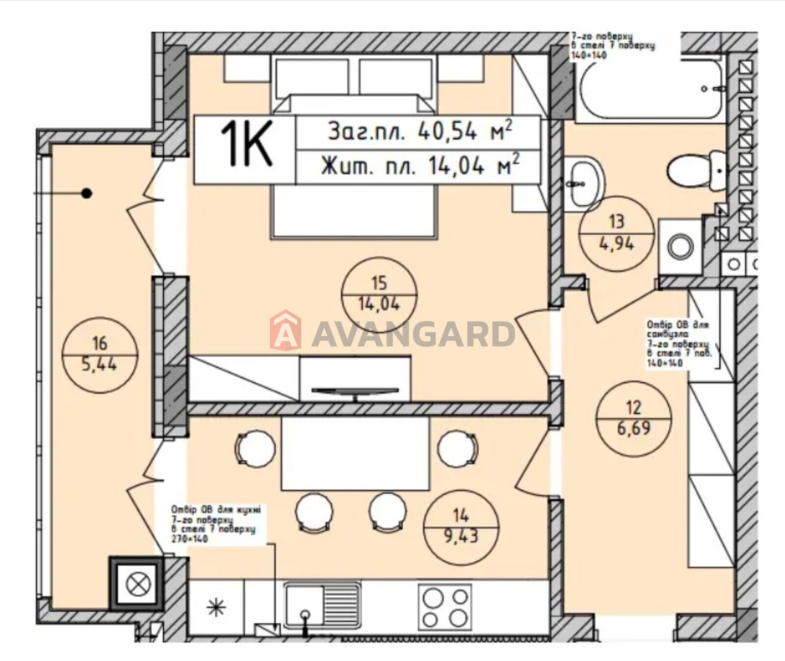 1 кім. квартира, 40,6/14,3/9,7 кв. м., 2/7 поверх фото 14 1 кім. квартира, 40,6/14,3/9,7 кв. м., 2/7 поверх фото 14