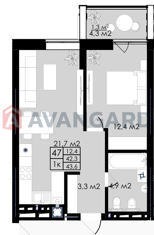 1 кім. квартира, 43.6/12.4/21.7 кв. м., 3/9 поверх фото 9 1 кім. квартира, 43.6/12.4/21.7 кв. м., 3/9 поверх фото 9
